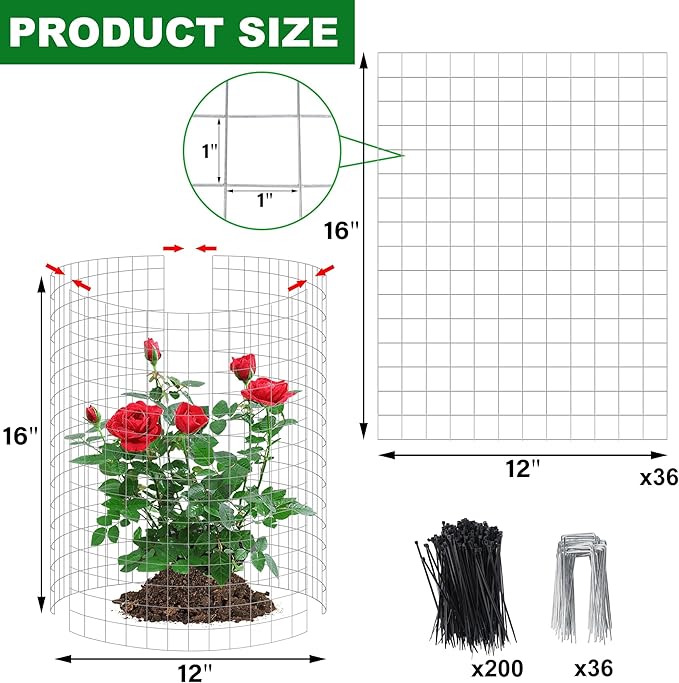 winemana 12 Set Garden Plant Protector Cage, 36 Pcs 16x12 IN Metal Wire Protectors for Plants Protection Cages with Stakes Nylon Ties Animals Barrier to Keep Rabbit Chicken Away from Flower Vegetables