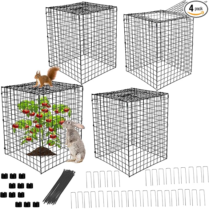 Garden Wire Cloches For Plants Extra Large 13.2" X13.2" X16.7" Rustproof Plant Cages For Outdoor Plants Protectors From Animals With Openable Top Cover & Stakes Plant Cages To Keep Animals Out (4 PCS)