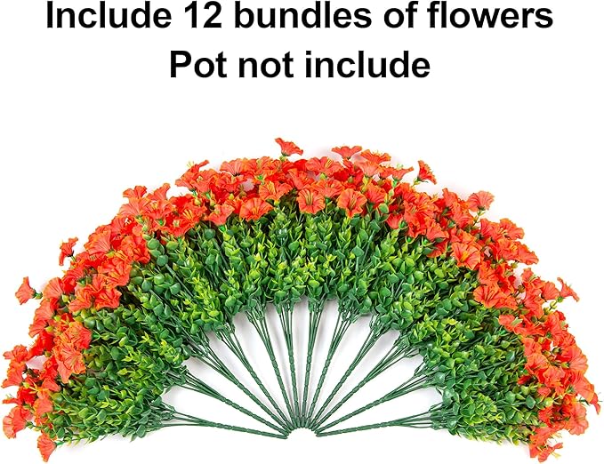 Artificial Flowers for Outdoors Fake Plants Spring Summer Decor, 12 Bundles Orange Silk Morning Glory with Eucalyptus Look Real UV Resistant Faux Flowers for Outside Planters Front Door Yard Indoor