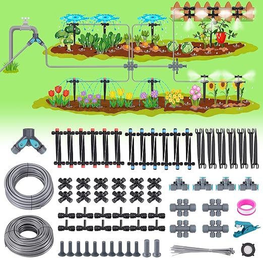 240FT Quick-Connect Drip Irrigation System, Garden Watering System 1/4" & 1/2" Fast-Lock Tubing, Adjustable Nozzles Emitters for Outdoor Raised Garden Beds,Greenhouse, Lawn, Patio