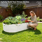 A ANLEOLIFE 8X4X1.5 ft Galvanized Raised Garden Beds Outdoor, Oval Large Metal Planter Box for Planting Vegetables Flowers Herb, Anti-Rust & Easy-Setup, Antique White