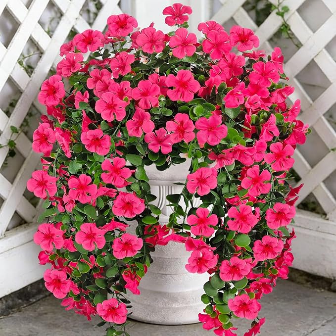 Artificial Geranium Hanging Flowers for Outdoor Decoration, 2 Bundles UV Resistant Silk Geranium Fake Plants Faux Flowers for Front Porch Garden Patio Window Box Outside Indoor Decor (Rose Red)
