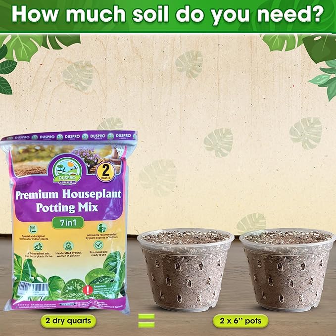 DUSPRO Recycle 2QRT Pre-Mixed House Plant Soil Aroid Potting Mix 7-in-1 with Coco Coir, Peat Moss, Perlite, Worm Casting, Pumice, Pine Bark & Gypsum, Tropical Potting Mix for Indoor Plants, Herbs