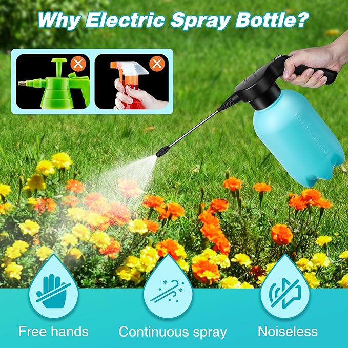 Electric Spray Bottle Plant Mister for Indoor Outdoor Plants, 0.5 Gallon Automatic Watering Can Rechargeable Battery Powered Sprayer with Adjustable Spout for Gardening, Cleaning (Blue Style)