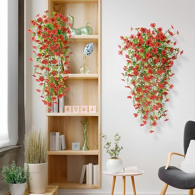 Artificial Hanging Flowers Plants for Outdoor Spring Summer Decoration, 2PCS Faux Silk Daisy UV Resistant Look Real for Outside Home Indoor Planter Porch Garden Yard Decor(Red)