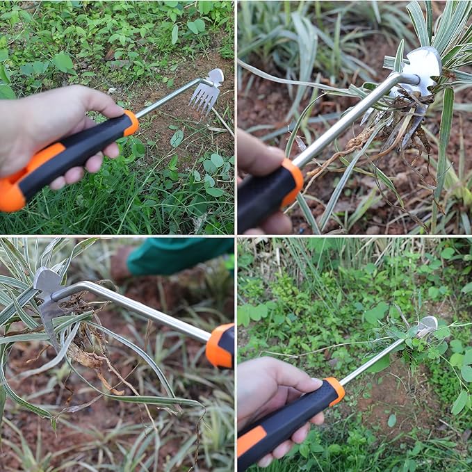 Weed Removal Tool, New Garden Weeding Tools Manganese Steel Hand Weeder Tool with Handle, 5 Teethes Dual Purpose Manual Weeders Tool Weed Tool for Garden (Rubber Handle)