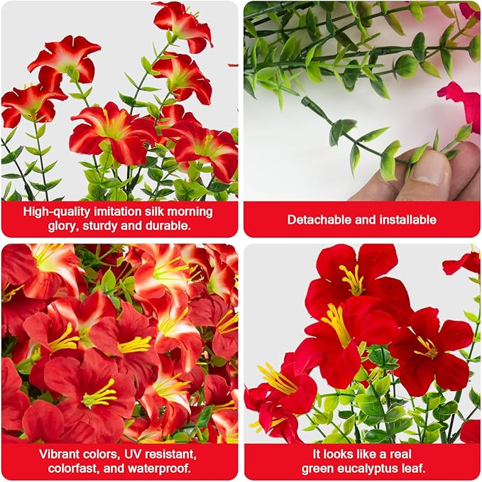 Daynight 32 Pcs Faux Petunias Artificial Flowers Plants for Outdoor Plant Decoration, UV Resistant Fake Petunias Realistic Silk Flowers for Porch Yard Garden Window Decor (32, Red)