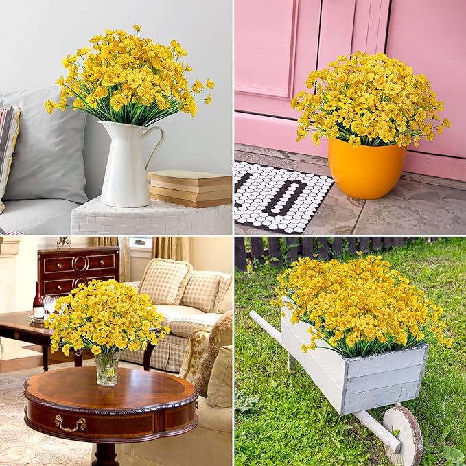 Ouddy Decor 12 Bundles Artificial Flowers for Decorations Fake Silk Plants for Outdoor Indoor UV Resistant Faux Plastic Greenery Stems for Window Garden Porch Home Spring Summer Decoration, Yellow