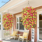 Artificial Hanging Flowers for Outdoors Spring Summer Decoration, 4PCS UV Resistant Silk Fake Hanging Plants for Patio Porch Front Yard Window Garden Indoor Decor(Hot Pink&Yellow,4PCS)