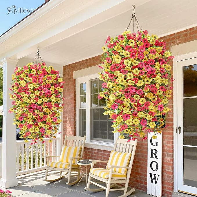 Artificial Hanging Flowers for Outdoors Spring Summer Decoration, 4PCS UV Resistant Silk Fake Hanging Plants for Patio Porch Front Yard Window Garden Indoor Decor(Hot Pink&Yellow,4PCS)