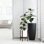 D'vine Dev Ceramic Planter with Walnut Color Stand - 10 Inch Modern Round Flower Pot with Wood Planter Holder, White, 55-B-X-1