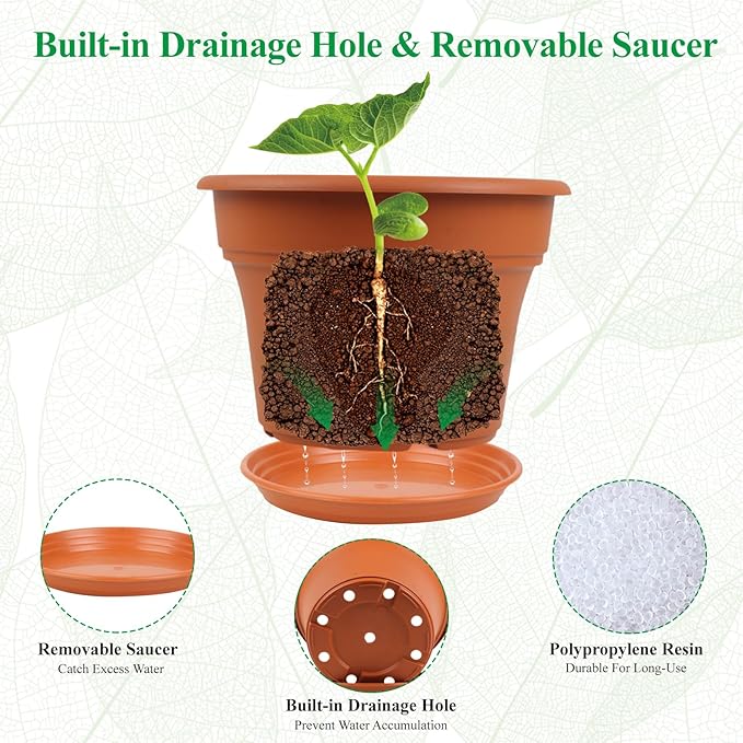 Pottiffe 16 inch Plastic-Flower-Pot-for-Indoor-Plants, 4 Pack Large Outdoor Planter Pot with Drainage Holes & Saucers, Resin Decorative Garden Pots Planters