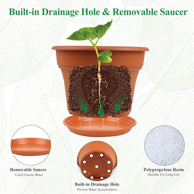 Pottiffe 6 Inch Plastic-Flower Pot-for-Indoor Plants, 6 Pack Outdoor Plant Pots with Drainage Holes & Saucers, Resin Garden Pots Planters