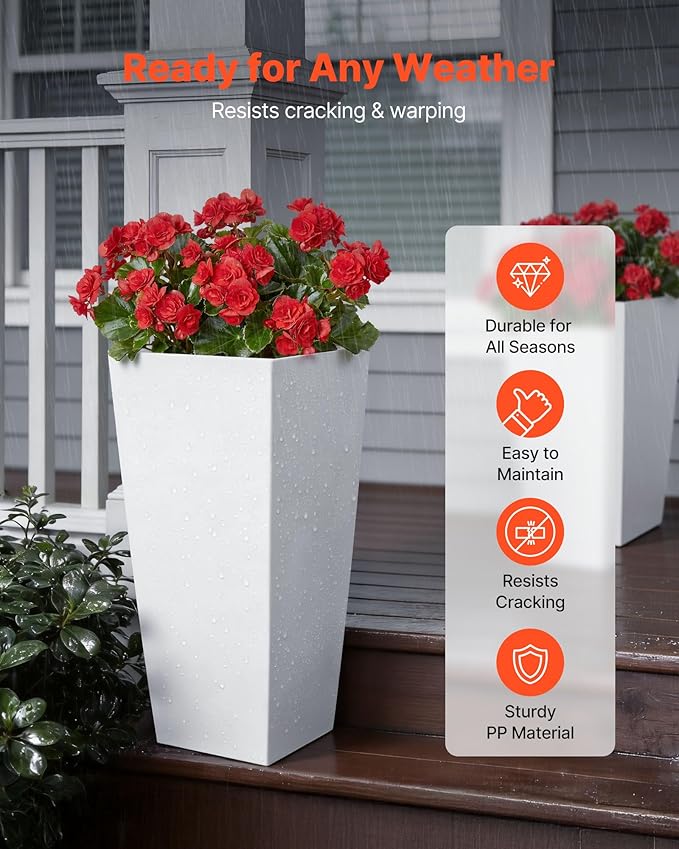 VEVOR 26 Inch Tall Planter Set of 2, Outdoor Large Tall Planters for Outdoor Indoor Plants, White Tapered Planter for Front Porch, Patio, Garden, Plant Container Flower Pots with Built-in Drainage