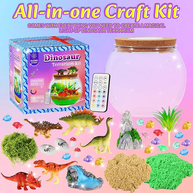Hannstar Dinosaur Toys-Light Up Terrarium Kit for Kids, Night-Light DIY Dino Toys for Boys Ages 4 5 6 7 8-12, Birthday Easter Gifts for Boys, Arts and Crafts Kit for Kids