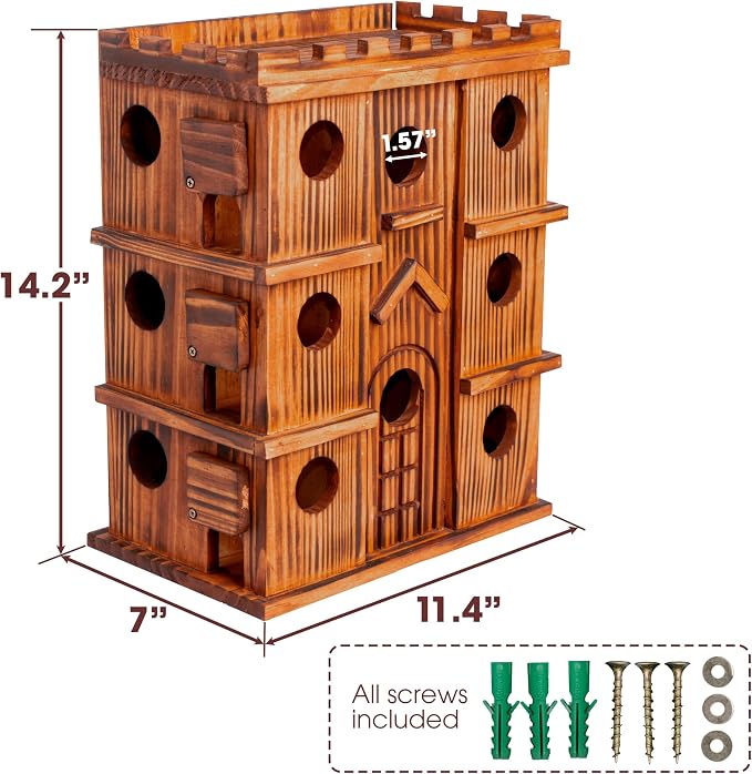 MIXUMON Wooden Bird Houses for Outside – 14 Rooms Large Bird House, Carbonized Pine Rustic Finish, 1.57" Entrance Holes, Cleaning Doors, Outdoor Birdhouse Nesting Box (Rustic, 14 Rooms)