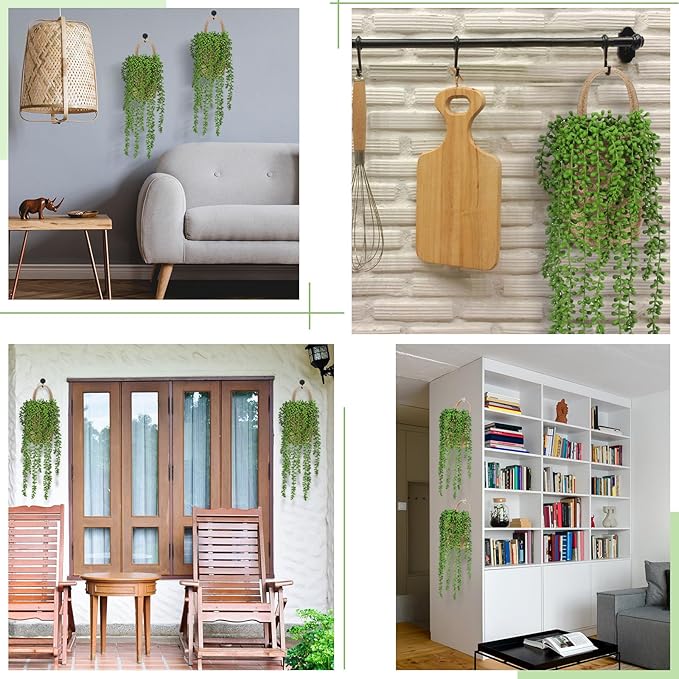 Umigy 2 Pack Wall Hanging Rope Baskets with 4 Pcs Faux Strings of Pearls Plant Jute Hanging Basket with Artificial Succulents for Porch Living Room Bedroom Entryway Patio Outdoor Decoration