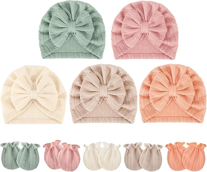 BQUBO Baby Turban Hats and Mittens Set Newborn Infant Hospital Hats Caps with Bows for Baby Boys Girls 0-12 Months