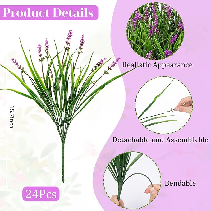 24 Bundles Artificial Plants Flowers Outdoor, Faux Lavender Flowers Fake Monkey Grass UV Resistant Plastic Plant for Porch Garden Patio Window Home Decor, Lotus