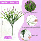 24 Bundles Artificial Plants Flowers Outdoor, Faux Lavender Flowers Fake Monkey Grass UV Resistant Plastic Plant for Porch Garden Patio Window Home Decor, Lotus