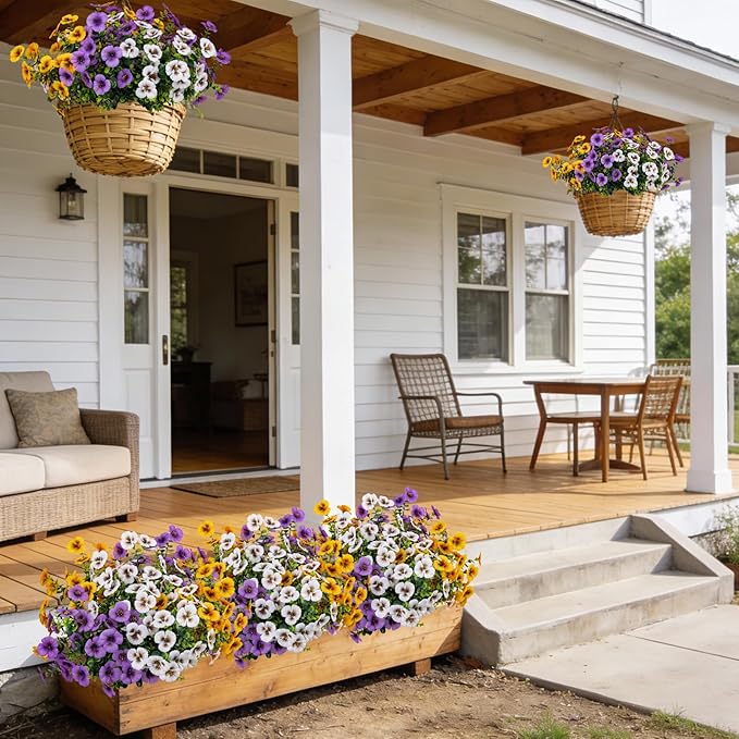 17 Inch Artificial Faux Pansy Flowers for Outdoor,Fake Pansies Flowers with Eucalyptus Leaves Fake Plants Greenery Boxwood Porch Patio Decor 6 Bundles(Light Purple,Dark Yellow,White)