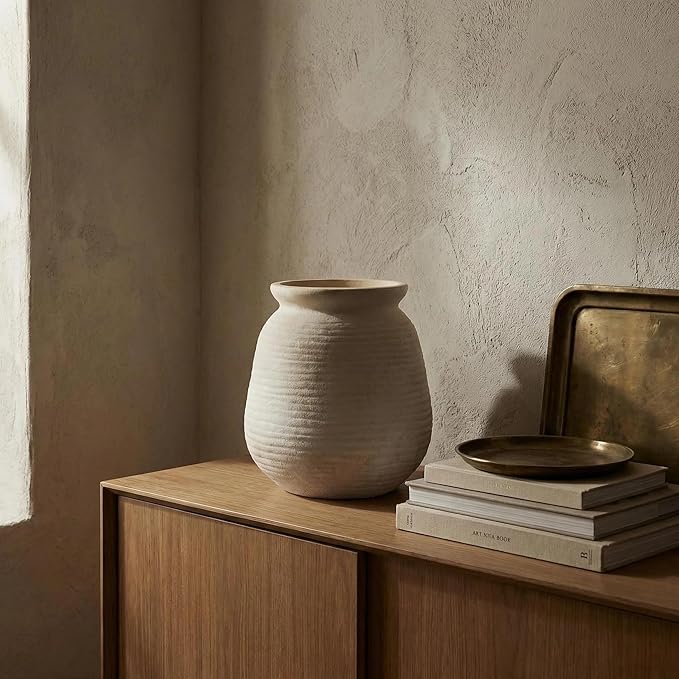 Rustic Terracotta Pot, 7 Inch Short Farmhouse Vase with Weathered Texture Vintage-White, Boho Home Decor for Pampas Grass, Tabletop, Mantel and Shelf Styling