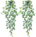 LOYWREE 2 Pack Fake Hanging Plants - Small Potted Plants with Green Eyebrow-Leaf Trailing Vines, Indoor Outdoor Aesthetic Decor for Office, Living Room Shelf & Home Accent (Black Pot)
