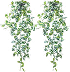LOYWREE 2 Pack Fake Hanging Plants - Small Potted Plants with Green Eyebrow-Leaf Trailing Vines, Indoor Outdoor Aesthetic Decor for Office, Living Room Shelf & Home Accent (Black Pot)