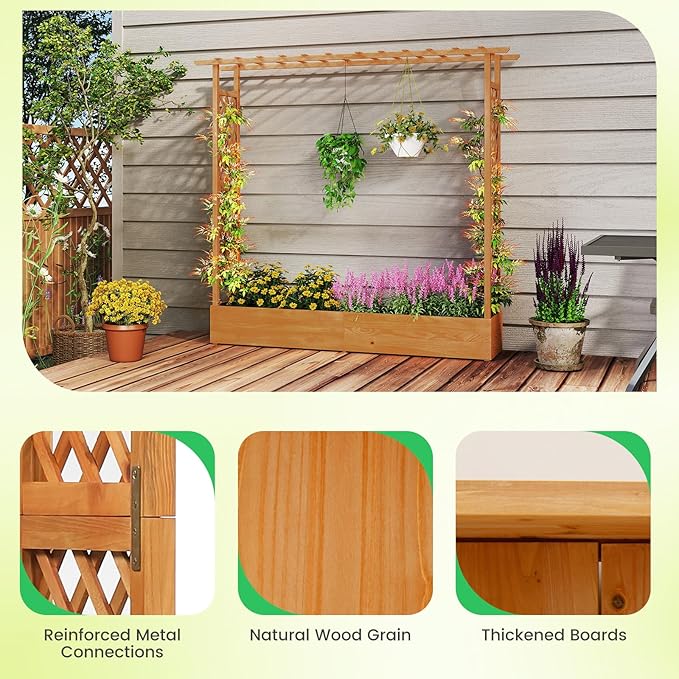 BECOMFORT Raised Garden Bed with Trellis & Hanging Roof, 72" Tall Fir Wood Planter Box with Drainage Holes, Outdoor Elevated Garden Planter for Climbing Vines (Orange, 77" Lx17 Wx72 H)