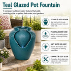 Teamson Home Floor Glazed Pot Water Fountain with Built-in LED Light and Pump for Outdoor Indoor Patio Garden Backyard Decking Home Décor, 17 inch Height, Teal