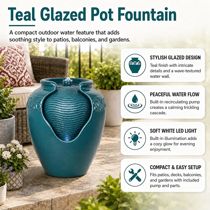 Teamson Home Floor Glazed Pot Water Fountain with Built-in LED Light and Pump for Outdoor Indoor Patio Garden Backyard Decking Home Décor, 17 inch Height, Teal