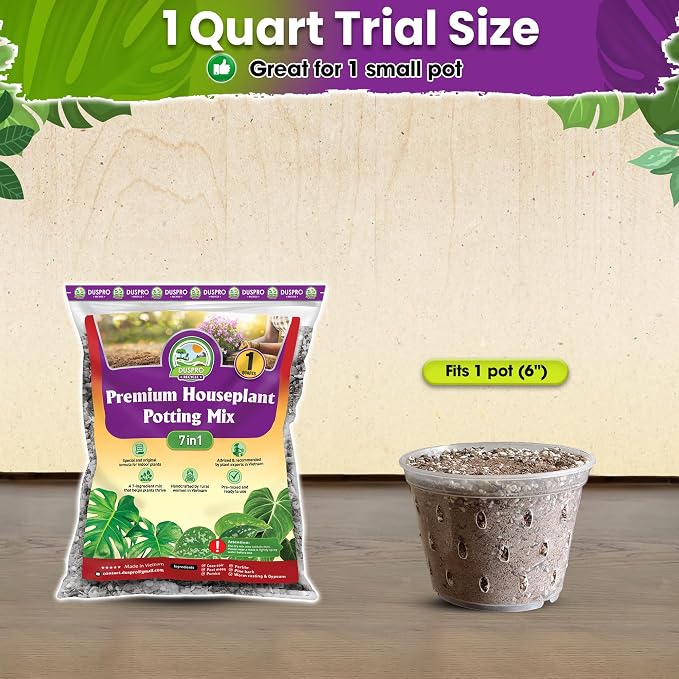 DUSPRO 1QRT Pre-Mixed House Plant Potting Mix 7in1 with Potting Soil Indoor Plants, Tropical Indoor Potting Soil with Pine Bark, Pumice, Coco Coir, Perlite, Worm Castings, Gypsum, Peat Moss