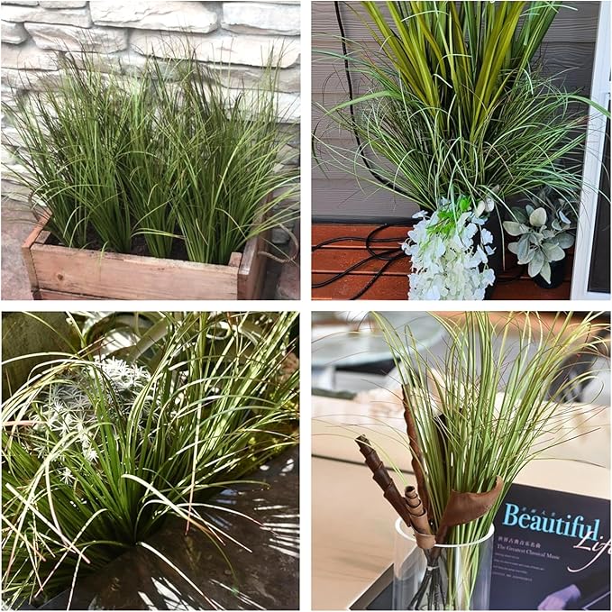 Artificial Shrubs Bushes Fake Plastic Tall Wheat Grass 16 Bundles, Faux Greenery Plants for Indoor Outdoor Décor Home Garden Verandah Kitchen Office Wedding Christmas DIY Decoration Green Leaves 16p