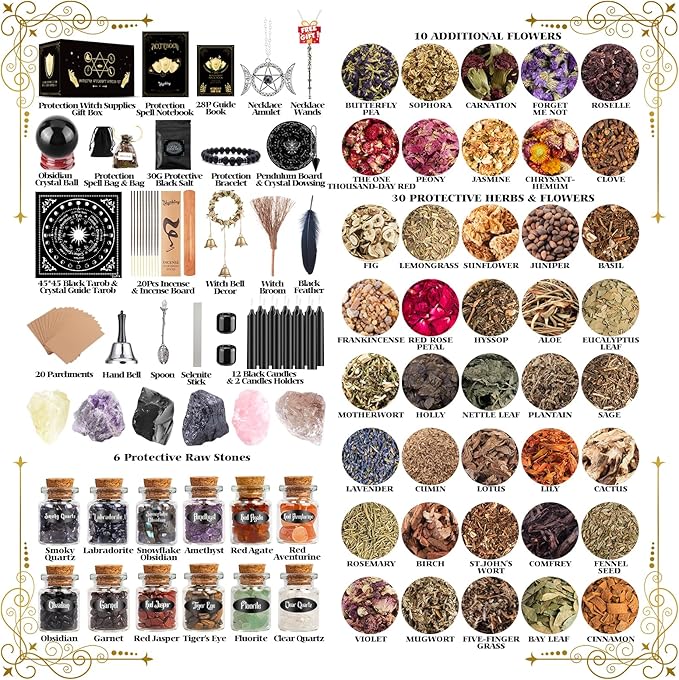 Wiccan Supplies and Tools for Protection, 130Pack Witchcraft Supplies Witchy Gift for Beginners, Dried Herbs, Crystals, Candles, Witch Starter Spell Kit