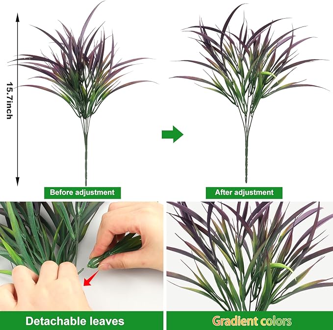 Ouddy Decor 16 Bundles Artificial Plants Outdoor Fake Grass Greenery Stems UV Resistant Faux Plastic Plants Shrubs for Spring Summer Garden Pathway Window Box Farmhouse Front Porch Home Decor, Purple
