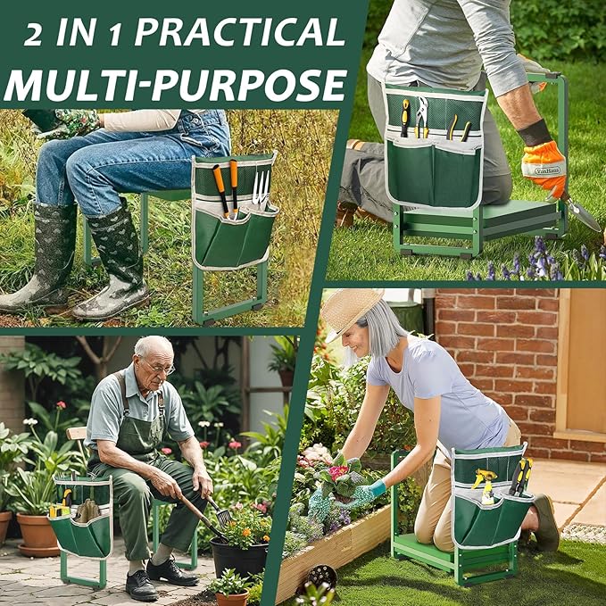 FLINTER Wider Garden Kneeler and Seat, Heavy Duty Thick Gardening Bench for Kneeling and Seat - Garden Kneelers for Seniors, Gardening Stools for Women, Grandparents, Gardeners, Green