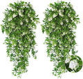 RECUTMS 2Pcs Artificial Hanging Flowers for Outdoor Decoration Fake Hanging Plants Faux White Flowers Artificial UV Resistant Plastic Greenery Vines Ivy for Outdoor Indoor Garden Party Decor（White）