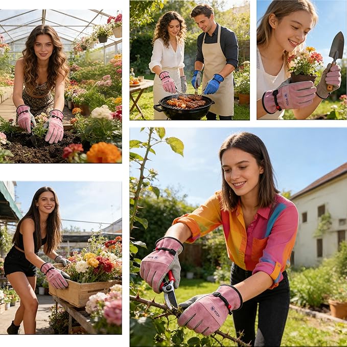 WZQH Leather Work Gloves for Men or Women. Medium Glove for Gardening, Tig/Mig Welding, Construction, Chainsaw, Farm, Ranch, etc. Cowhide, Cotton Lined, Utility, Firm Grip, Durable. Pink-Grey M