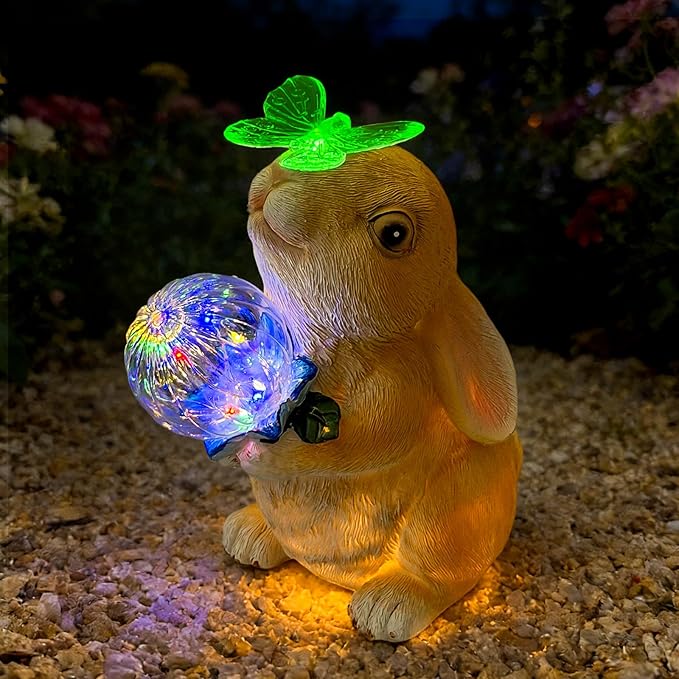 Hogni Solar Bunny Garden Statue Outdoor Decor, Rabbit Figurines with LED Light, Waterproof Solar Powered Yard Art for Patio, Balcony, Lawn, Cute House Warming & Birthday Gifts for Mom, Grandma, Women