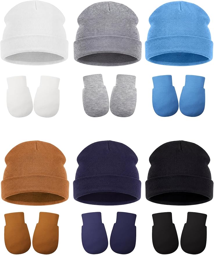 Geyoga 12 Pieces Newborn Hat Mittens Gloves Set Baby Boys Girls Cotton Baby Beanie for 0-12 Months