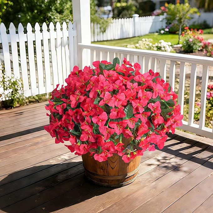 Faux Bougainvillea Artificial Flowers for Outdoors Summer Outside Decor, 4 Bundles Red Fake Bougainvillea Silk Outdoor Flowers Plants UV Resistant Look Real for Porch Patio Window Planter Garden Home