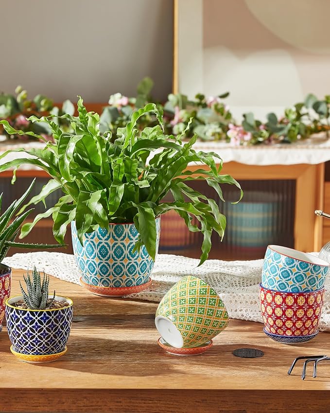 Metahom Succulent Ceramic Pots, 3.8 Inch Small Plant Pots with Drainage Hole & Saucer, Flower Planter Pot for Houseplants, Cacti, Home Decor, Set of 4, Vibrant Colors