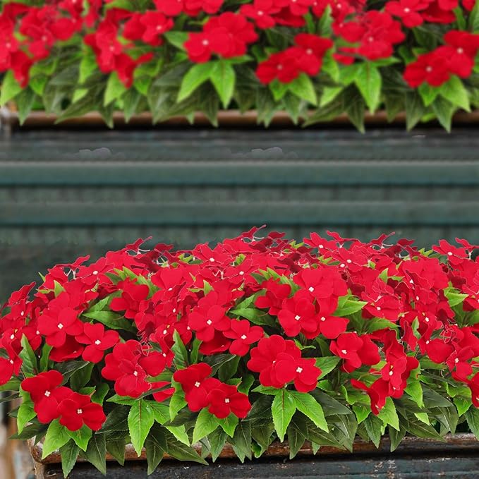 CITYES 4 Pcs Artificial Flowers Outdoor Impatiens UV Resistant Silk Impatiens Flowers Red Faux Flowers Impatiens Bushes Artificial Impatiens for Pot Patio Lawn Garden Hanging Basket Porch Decor