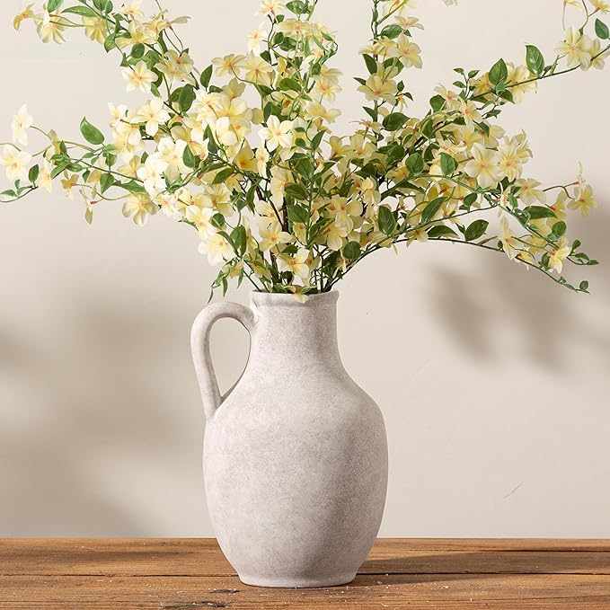 Ceramic Flower Vase Home Decor - 10 Inch Large White Rustic Table Flowers Vases Living Room Bedroom Plant Decorations Farmhouse Vintage for Kitchen Shelf Office Coffee Dining Desk House Women