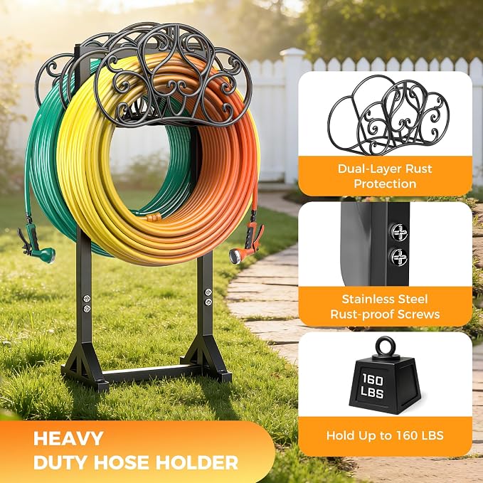 Garden Hose Holder Holds 2 * 160Ft Hoses, Heavy-Duty Freestanding Water Hose Holder with 4 Spikes, Rustproof Hose Stand Hose Hanger Storage Hose Rack for Outside, Yard, Lawn, Farm