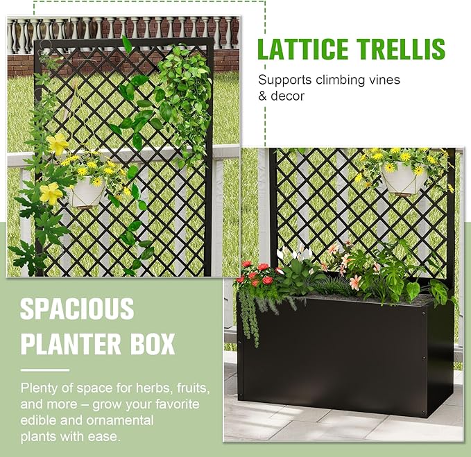 MOTION 2 Pcs Outdoor Raised Garden Bed with Trellis - Free Standing Planter for Hanging Flower Baskets Lattice Planter Boxes, Black