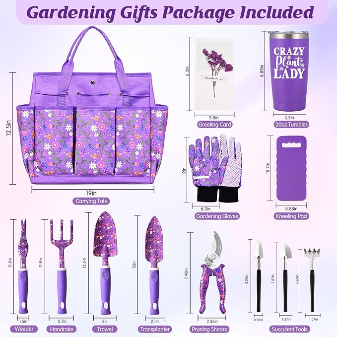 Gardening Gifts for Women, Gardening Tools for Women, 14 PCS Garden Tools Set Kit with Garden Tool Bag, Plant Lover Christmas Mothers Day Birthday Gifts for Mom Grandma Aunt, Purple