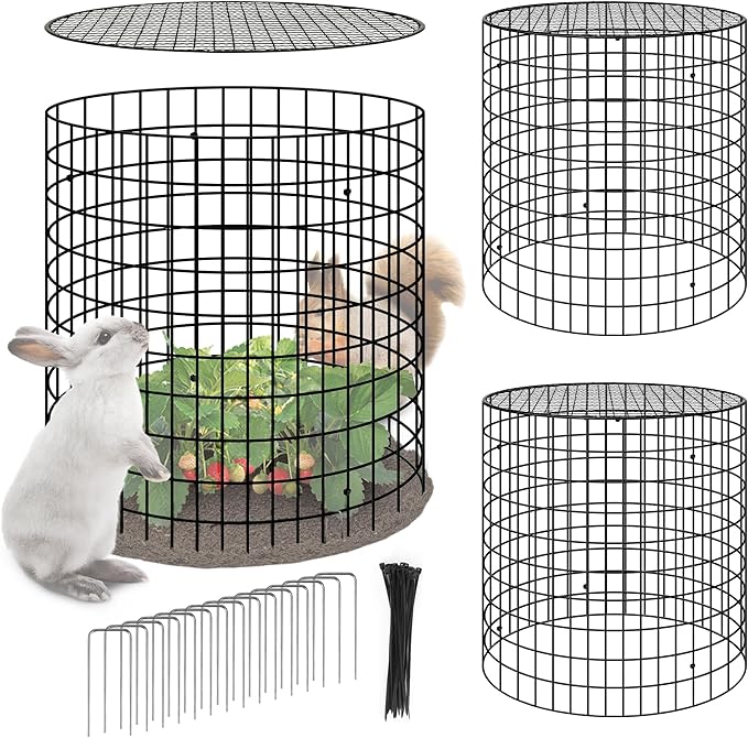Hi Sasara 3 Sets Wire Plant Protectors Cage,11.8" Dia x 11.8" H,Metal Plant Protector Cage with Round Lids Plant Protector for Keep Rabbits Squirrels Animals Out,Garden Plant Protector with Staples