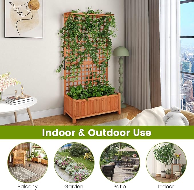 HAPPYGRILL 2 Pcs Raised Garden Bed, 72.5" Garden Planter with Trellis, Drainage Holes, Freestanding Garden Planter for Vine Climbing Plants, Wooden Planter Box for Yard Balcony