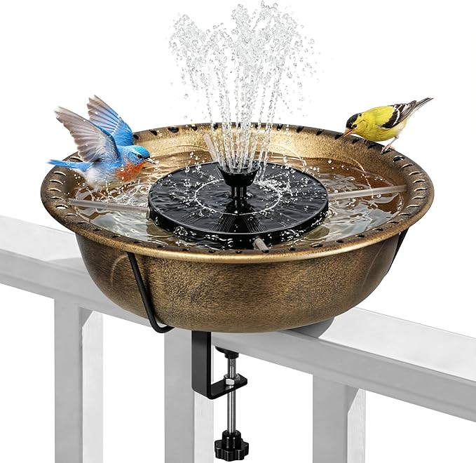 VIVOHOME Deck Mounted Bird Bath with Solar Fountain, Outdoor ABS Birdbath Bowl with Adjustable Metal Clamp, Solar Powered Pump for Railing, Fence, Balcony, 1.45 Gallons, Copper